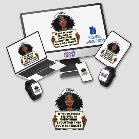 Evolution Debate Sticker or Clipart featuring a satirical sailor design, available as stickers or digital artwork. Ideal for commercial use, reflecting Decal Venue's unique vinyl and digital art offerings.