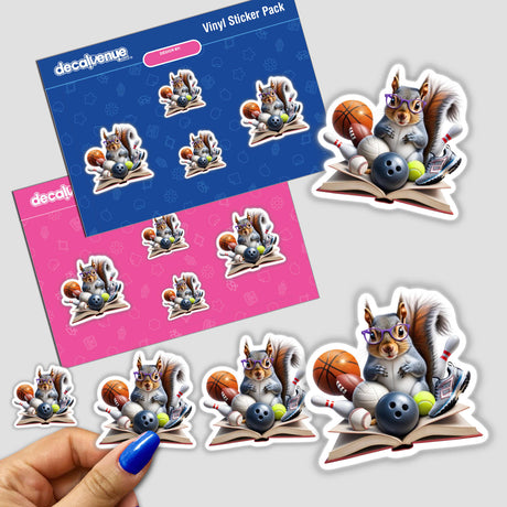Squirrel Reading a Book with Purple Glasses and Sports Balls sticker, showcasing a cartoon squirrel wearing glasses, surrounded by various sports balls, representing Decal Venue's unique vinyl sticker collection.