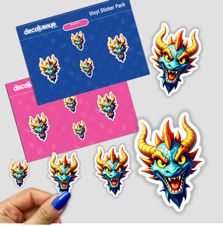 Hand holding a Cool Fantasy Dragon sticker pack featuring a cartoon blue dragon with vibrant horns, part of Decal Venue's unique collection of vinyl stickers and digital art.