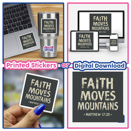 Faith Moves Mountains - Matthew 17:20 Christian Sticker or Clipart features a laptop screen showcasing the digital artwork, emphasizing its availability as both a sticker and digital art.