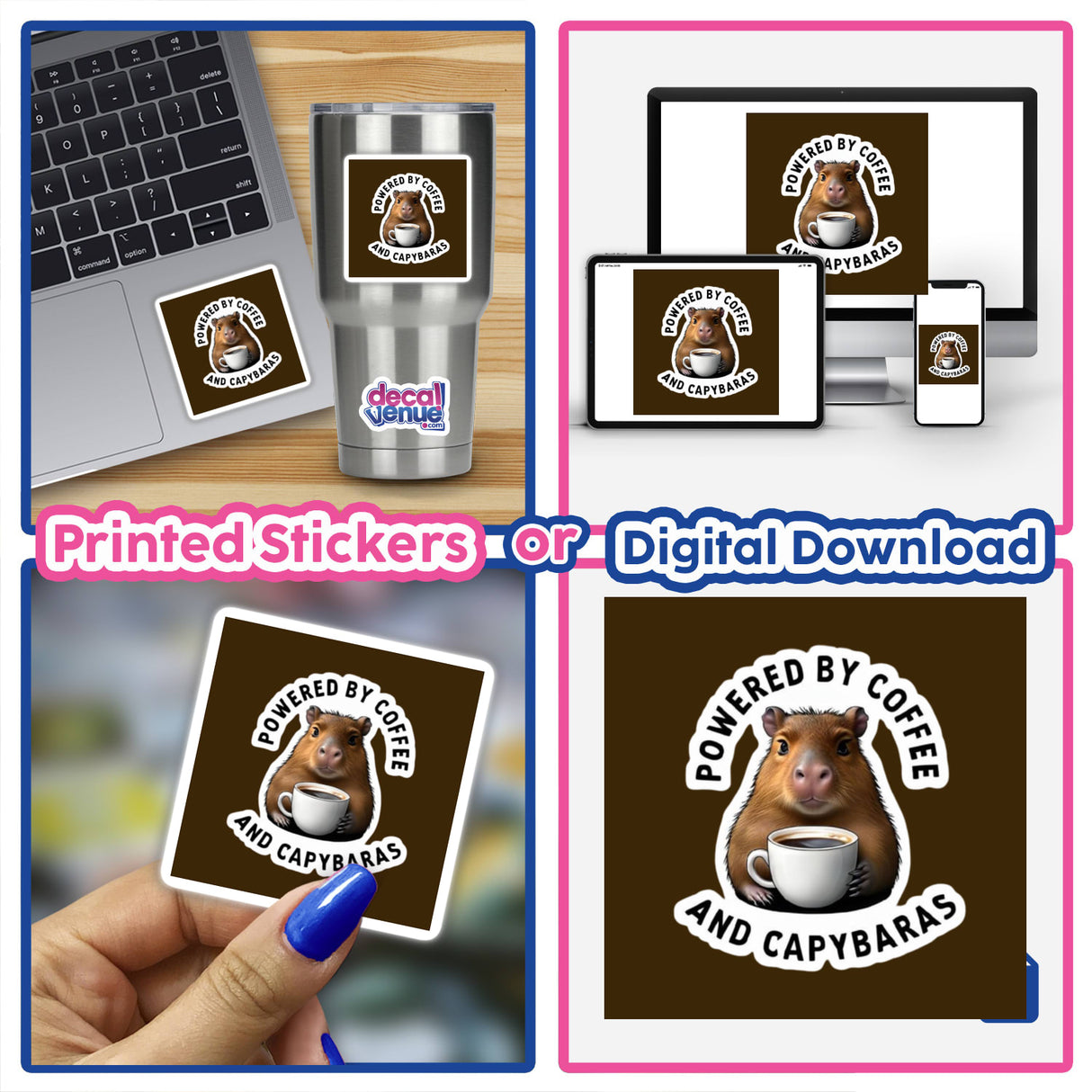 Collage featuring Powered by Coffee and Capybaras clipart, showcasing a cute capybara holding a coffee cup, ideal for stickers or digital artwork downloads.