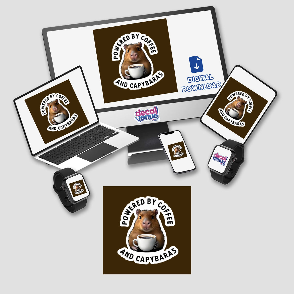 Powered by Coffee and Capybaras - Cute Capybara Clipart for Stickers or Commercial Rights Download, featuring a cartoon capybara holding a coffee cup, displayed on a laptop, phone, and mouse pad.
