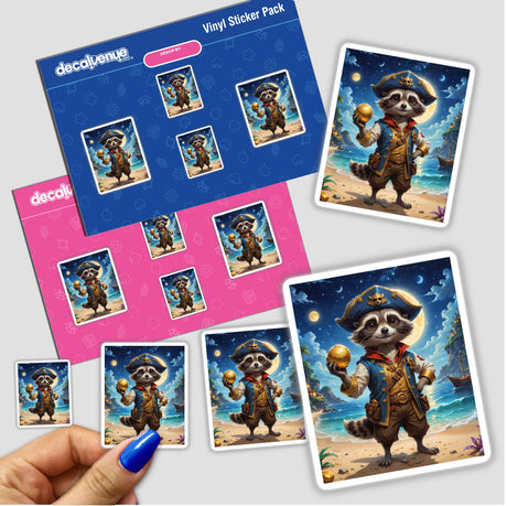 Cute Fantasy Raccoon Pirate stickers featuring cartoon raccoons in pirate attire, holding gold balls. Suitable as unique vinyl stickers or digital art, perfect for fans of whimsical designs.