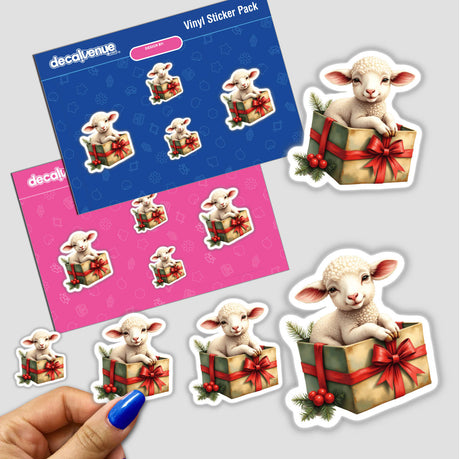 Lamb in Christmas Present Box sticker pack, featuring cartoon lambs in gift boxes, available as stickers or digital artwork.