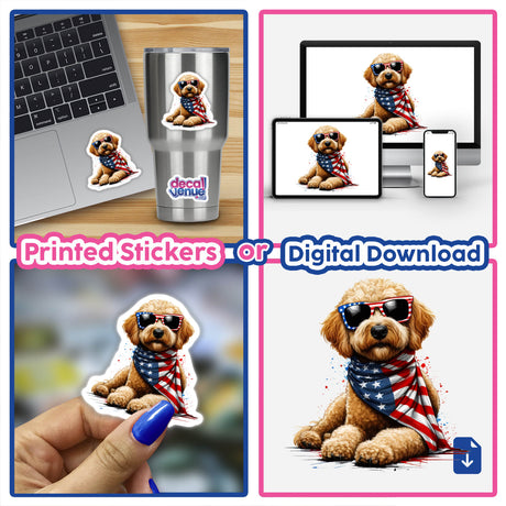 Sassy American Flag Goldendoodle II features a cartoon dog sporting sunglasses and a scarf, available as stickers or digital artwork. Ideal for adding a playful touch to laptops or screens.