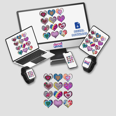 A variety of devices, including a laptop, tablet, and smartphone, display heart-themed designs, showcasing the unique vinyl heart stickers available from Decal Venue.