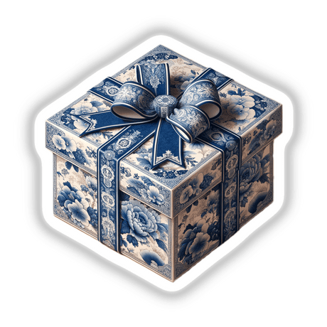 Chinoiserie Gift Box with Bow, featuring intricate blue and white design, available as stickers or digital artwork, embodying the unique style of Decal Venue's collection.