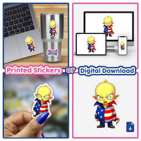 A collage featuring a cartoon character titled A Funny Guy With An American Flag Outfit, depicted on various items like a laptop, cup, and fingernail, available as stickers or digital art.
