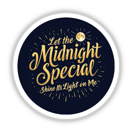 The Midnight Special Vintage Typography Design Sticker or Clipart depicts a circular graphic with a moon motif and stylized text, ideal for unique digital artwork or sticker applications.