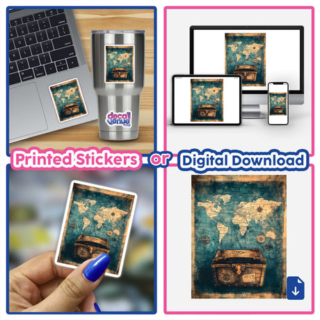 Collage featuring a laptop and phone displaying the Treasure Chest on Antique Map artwork, emphasizing the unique sticker or digital art available from Decal Venue.