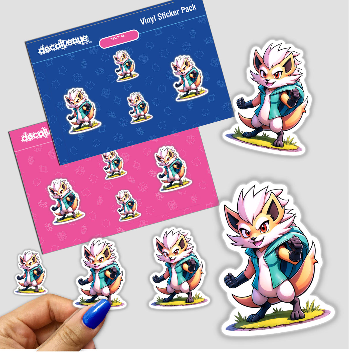 Sticker pack featuring Furry Fighter - Shadow Striker The Hedgehog, with various cartoon fox designs, held by a hand. Available as stickers or digital artwork from Decal Venue.
