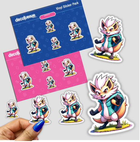 Sticker pack featuring Furry Fighter - Shadow Striker The Hedgehog, with various cartoon fox designs, held by a hand. Available as stickers or digital artwork from Decal Venue.