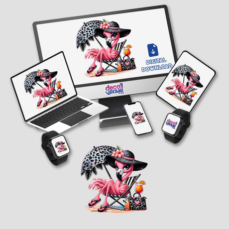 Sparkly Flamingo Beach Diva: A computer monitor and laptop display digital artwork of a cartoon flamingo lounging on a beach chair, perfect as unique stickers or digital art from Decal Venue.