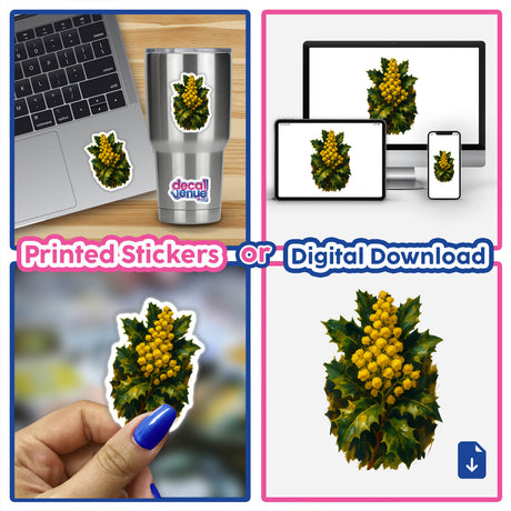Oregon State Flower Sticker or Clipart featuring the detailed Oregon Grape Blossom Art, available as stickers or digital artwork, showcasing intricate floral design, ideal for commercial use.