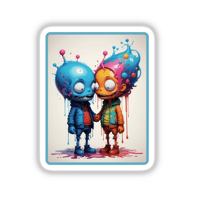 Splash Art Alien Invasion Alien Relationships: Cartoon characters with colorful hair and vibrant designs, available as unique stickers or digital artwork from Decal Venue.