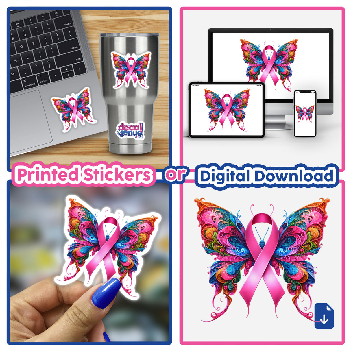 Butterfly Pink Ribbon Breast Cancer Awareness sticker displayed on a laptop, symbolizing support. Part of Decal Venue's unique collection, available as vinyl stickers or digital art.