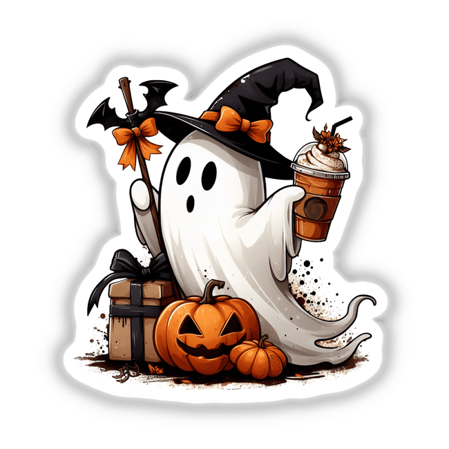 Halloween Orange Pumpkin Spice Ghost: A cartoon ghost holding a coffee drink, surrounded by pumpkins and a bat with a bow. Available as stickers or digital artwork.