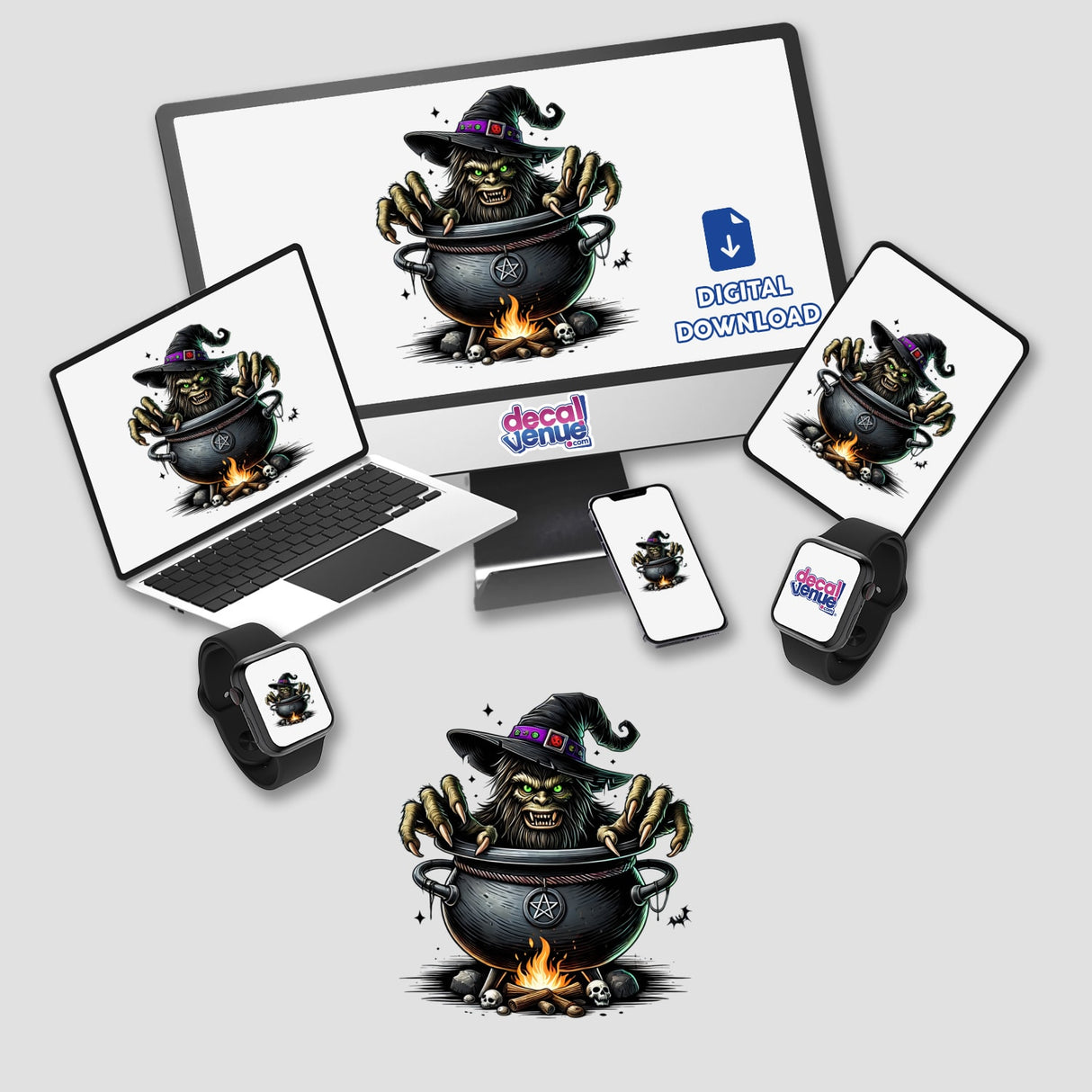 Creepy cartoon Sasquatch peeking out of a spooky cauldron, a Halloween-themed digital artwork created by Decal Venue, a store offering unique stickers and digital art.