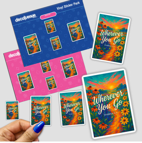 Wherever You Go – Joshua 1:9 Fauvist Summer Floral Sticker or Clipart features bold coneflowers and salvia, embodying faith and creativity, ideal for stickers or digital art at Decal Venue.
