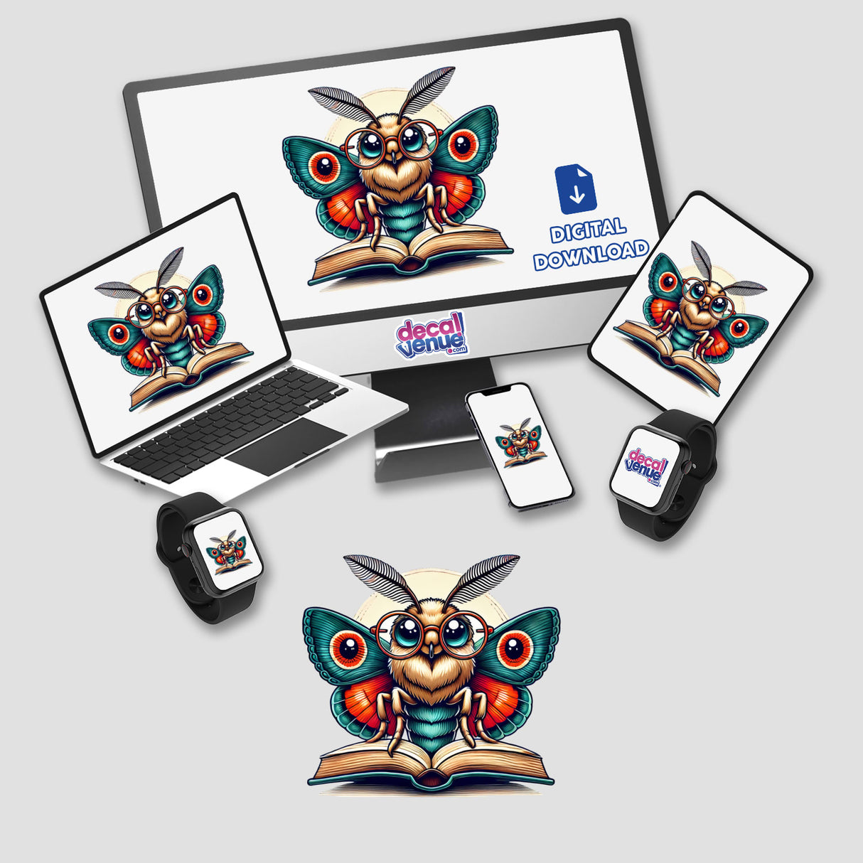Moth in Reading Glasses with Book digital artwork, featuring a cartoon moth reading a book displayed on a laptop screen. Available as stickers or digital artwork from Decal Venue.