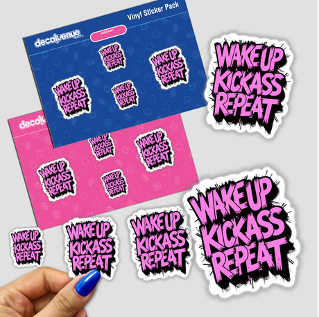 Wake Up Kick Ass Repeat Funny Quote sticker featuring bold typography on a vibrant background, ideal for personalizing items or as digital artwork from Decal Venue.