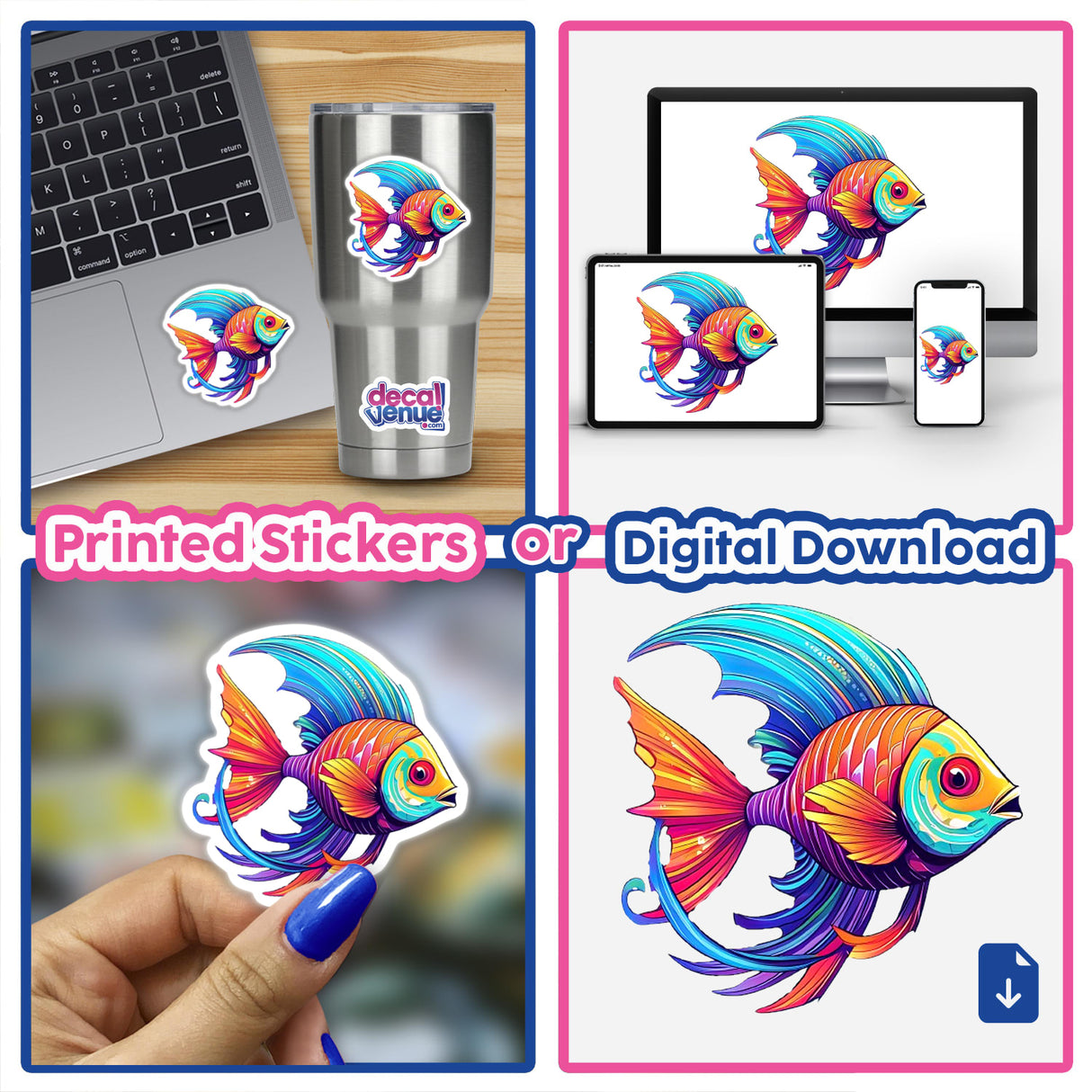 Colorful angel fish digital artwork displayed on various devices and printed on stickers. The digital images show the vibrant, abstract design of the tropical fish. The stickers and digital files can be used to express one's style.