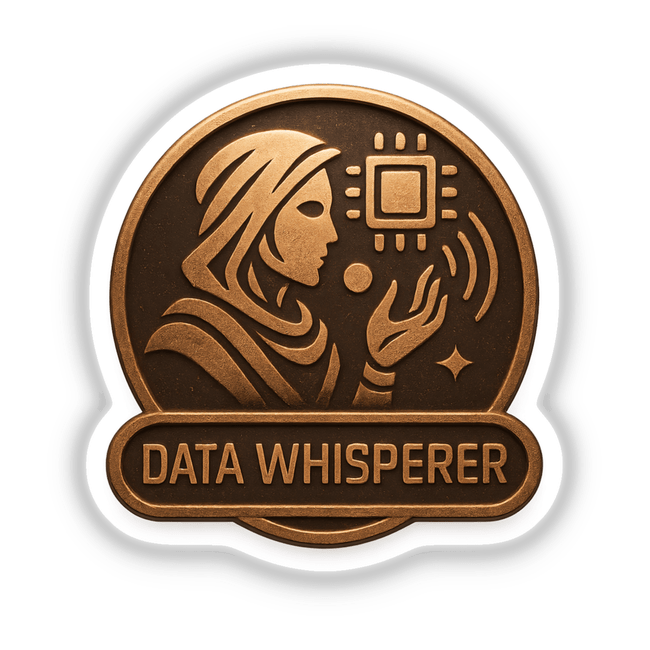 Data Whisperer – RPG-Style Skill Badge featuring a bronze futuristic crest, available as detailed vinyl stickers or captivating digital artwork.