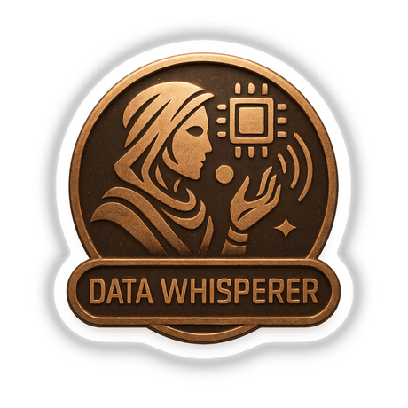 Data Whisperer – RPG-Style Skill Badge featuring a bronze futuristic crest, available as detailed vinyl stickers or captivating digital artwork.