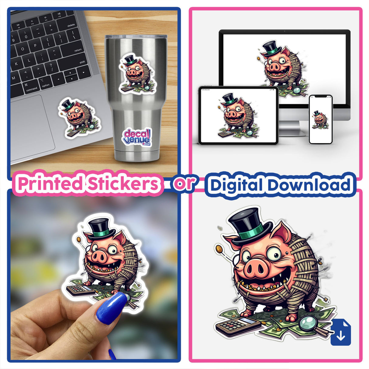 Collage of Porco Cofre stickers and digital artwork featuring cartoon pigs in various poses, including holding a calculator and a basket of coins.