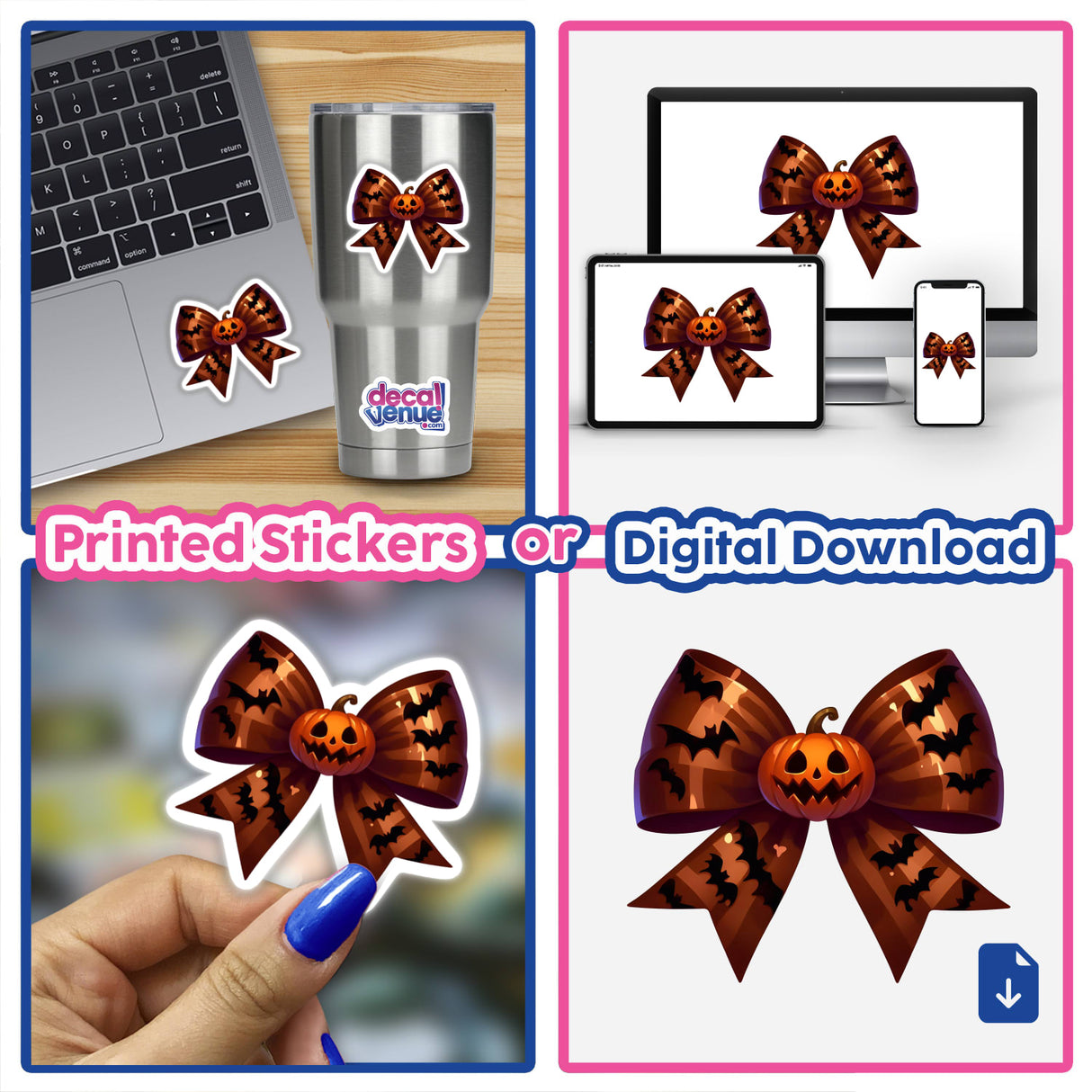 Halloween Pumpkin and Bat Coquette Bow sticker collage featuring close-ups on a laptop, cell phone, and detailed decal views. Available as Stickers or Digital Artwork from Decal Venue.
