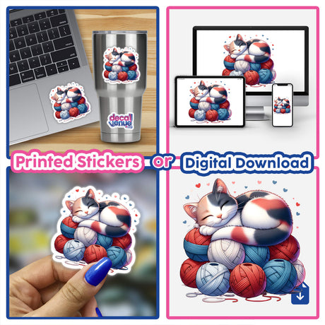 Calico Cat Curled Up on Red White and Blue Yarn Balls