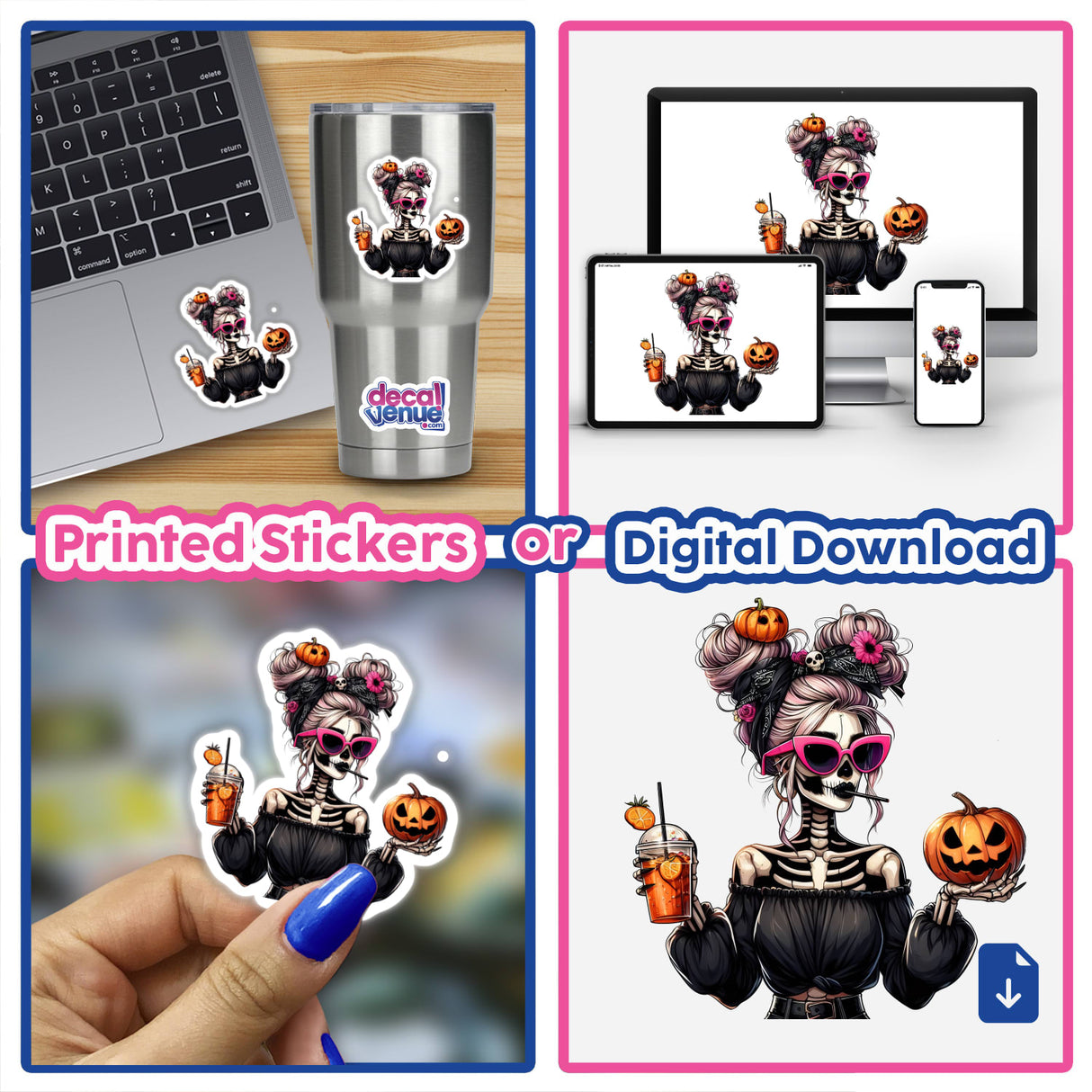 Halloween Boujee Skeleton Mama collage featuring stickers and digital artwork of a skeleton holding a pumpkin, a woman in skeleton attire with a drink, and a laptop with stickers.