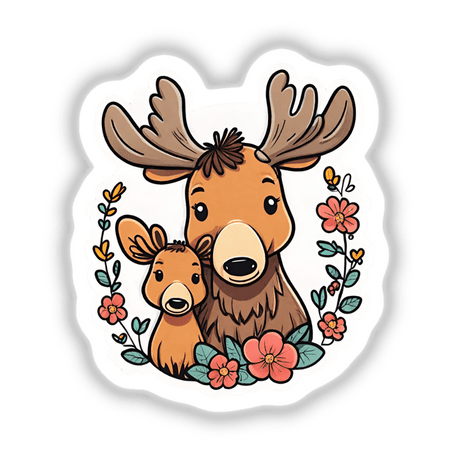 Cute cartoon moose mother and baby in floral wreath, digital art download