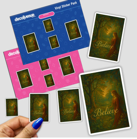 Believe Pre-Raphaelite Fluid Art Sticker or Clipart showcases a motivational nature design, ideal for adding a creative touch to projects. Available as a sticker or digital artwork with commercial rights.