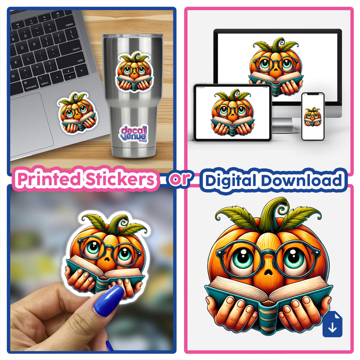 Collage featuring 'Pumpkin in Reading Glasses with Book' stickers and digital artwork, including close-ups on laptops and cups from Decal Venue.