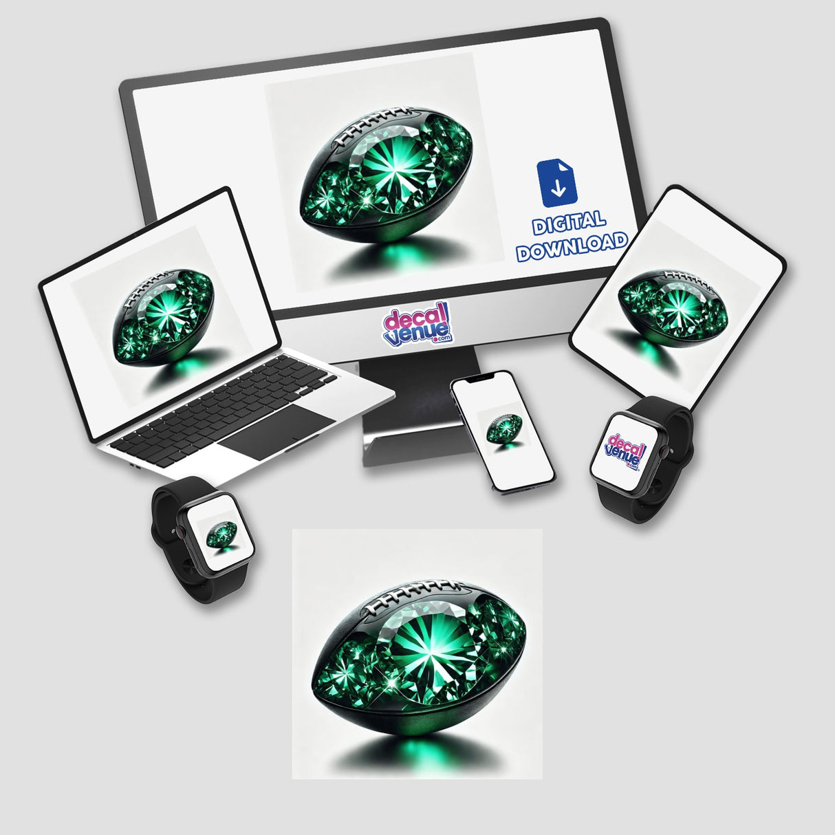 Emerald Gemstone Football Art: A computer monitor and laptop displaying football-themed art with green gemstones, highlighting unique digital art available at DecalVenue.