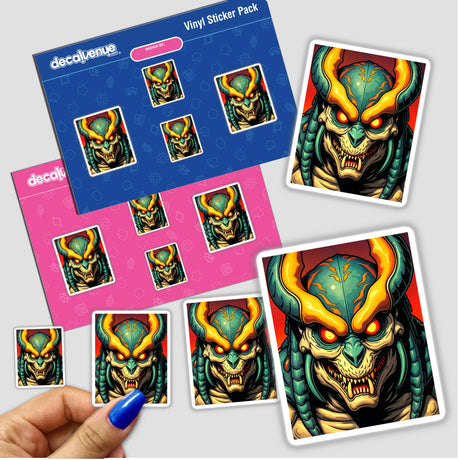 Hand holding a sticker featuring a cartoon of A Cool Alien Predator Soldier, showcasing a unique vinyl design available as stickers or digital artwork from Decal Venue.