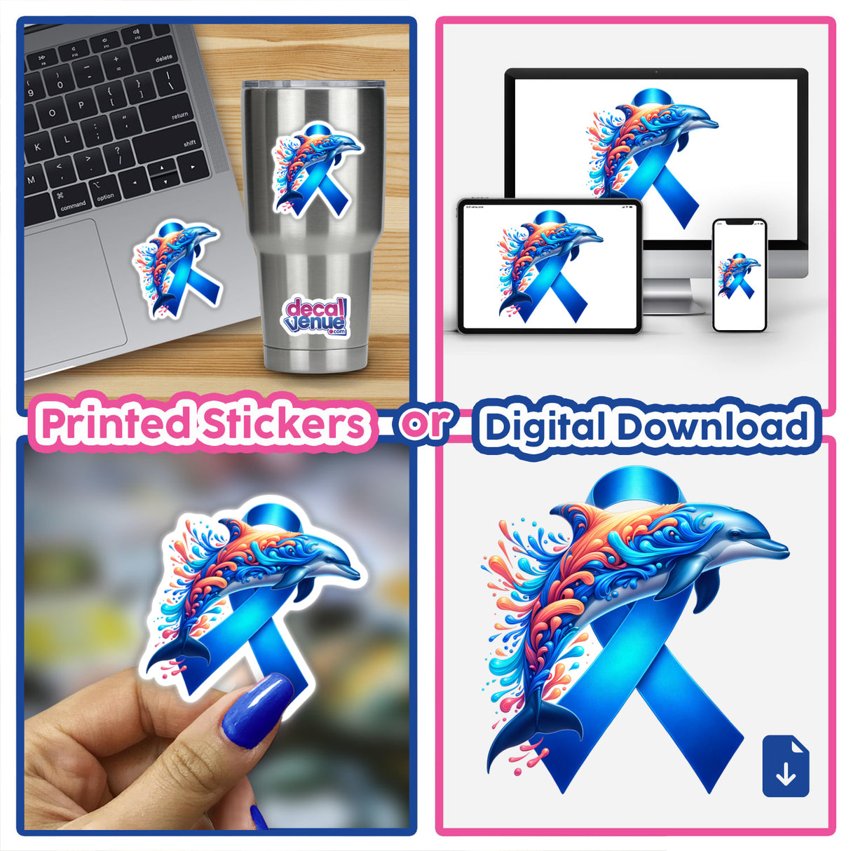 Dolphin Blue Ribbon Colon Cancer Awareness sticker, featuring a cartoon dolphin with a blue ribbon, ideal for laptops or as digital artwork, highlighting support for colon cancer awareness.