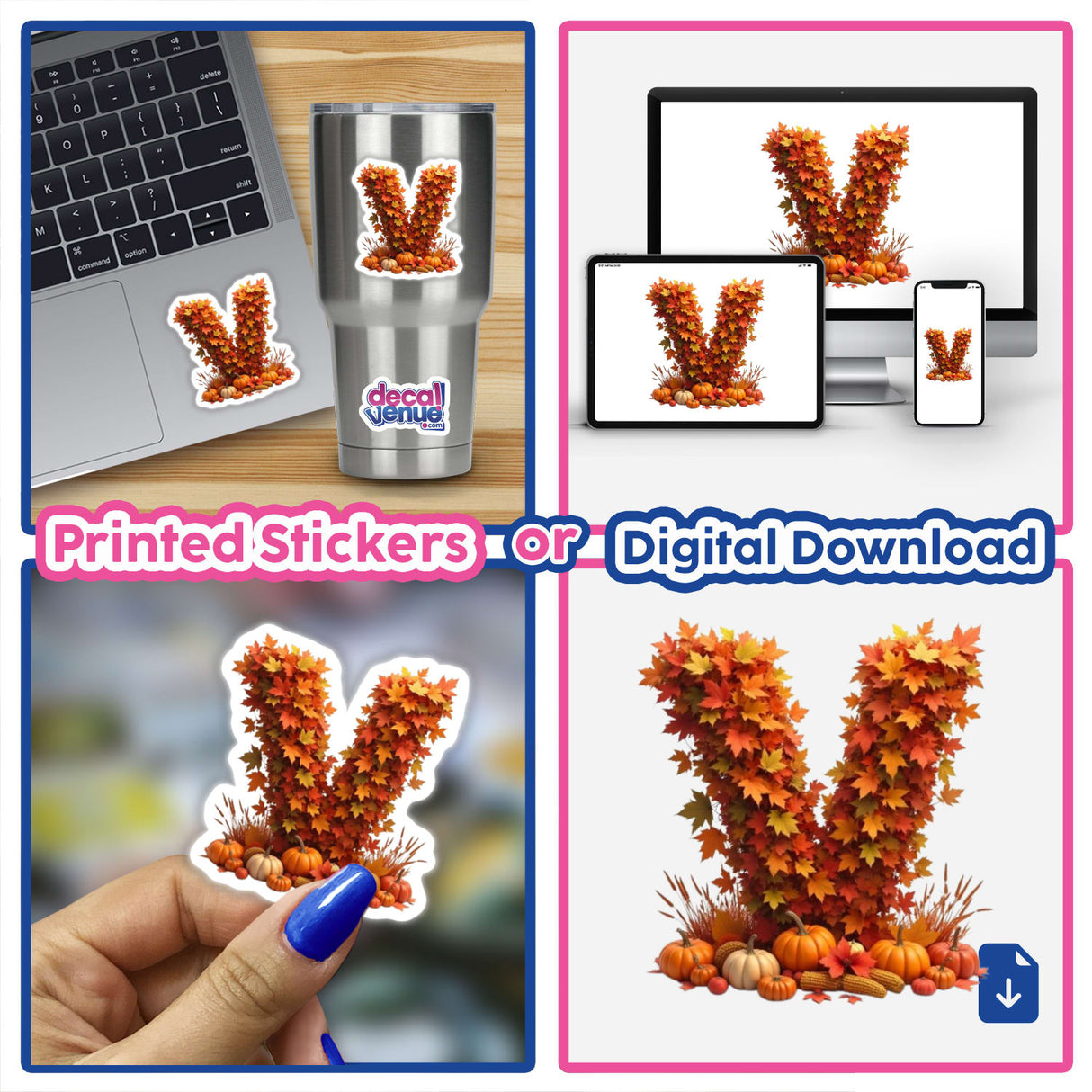 Thanksgiving Letter V Clipart featuring fall leaves and pumpkins, shown on a laptop and as a finger decal. Available as stickers or for commercial use download.