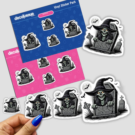 Halloween witch peeking out of tombstone in vinyl sticker pack from Decal Venue, featuring various spooky and whimsical Halloween-themed digital artwork.