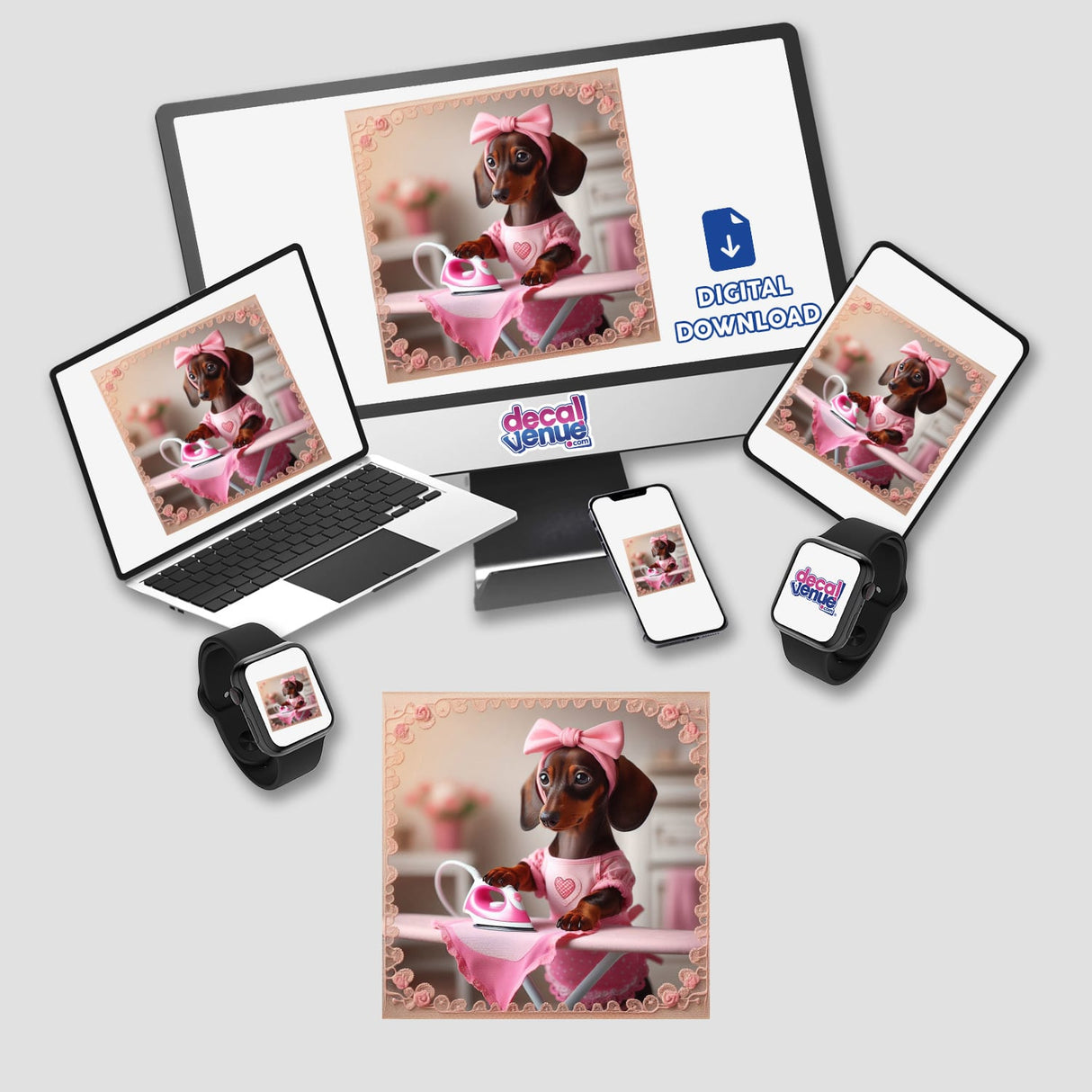 a laptop, phone, and tablet all have pictures of a dog on them