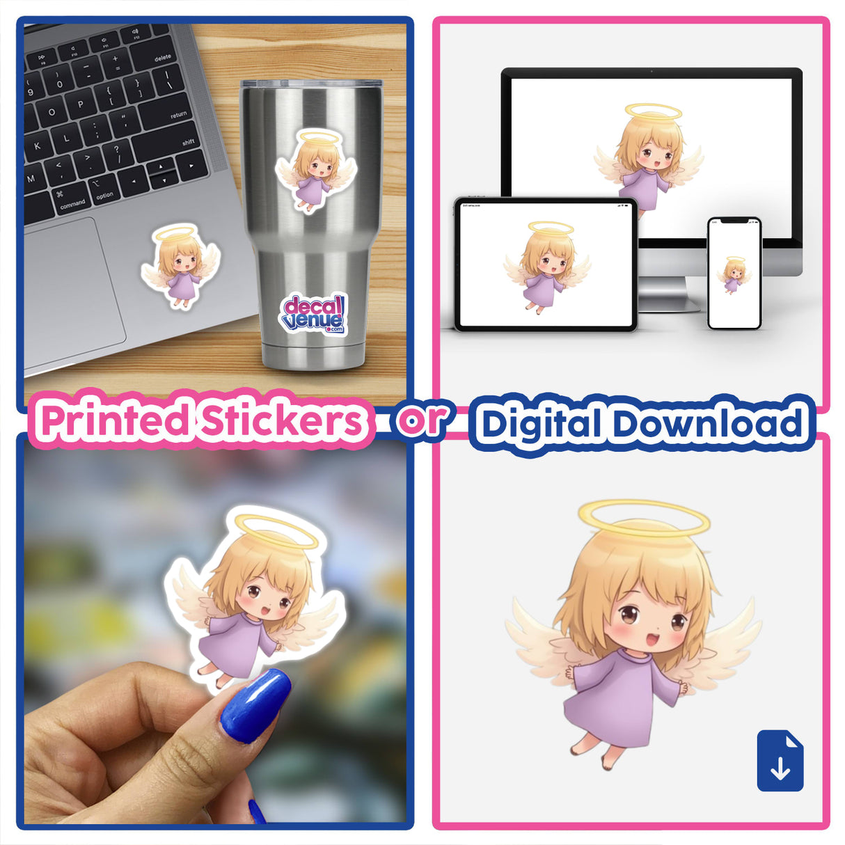 Chibi Angel with Halo Sticker - Cute Angel Decal Clipart featuring a cartoon angel with wings and halo, displayed on various surfaces like a laptop and cup, available as stickers or digital artwork.