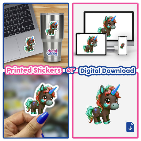 Collage featuring Cute And Magical Pony Unicorn stickers on a silver cup and laptop, showcasing whimsical unicorn cartoons suitable for unique sticker or digital art enthusiasts from Decal Venue.