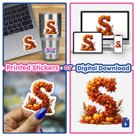Thanksgiving Letter S Clipart - Fall Leaves and Pumpkins Design; collage featuring a laptop with a letter S sticker and a close-up of the decorative S decal.