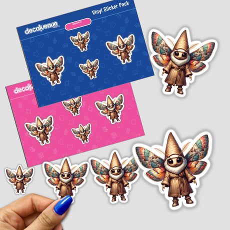 Sticker pack featuring the 'Moth Gnome' cartoon character, including butterflies and other whimsical elements. Available as stickers or digital artwork.