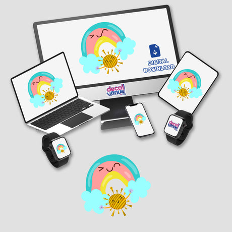 Smiley rainbow and sun digital artwork displayed on a computer monitor and laptop, showcasing colorful cartoon rainbows. Available as stickers or digital downloads from Decal Venue.