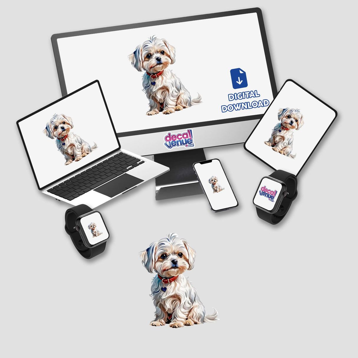 Maltese Dog Watercolor Clipart & Stickers – Commercial Rights featuring a white dog with a red collar on a computer monitor, laptop, tablet, and smart watch.