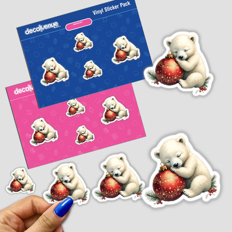 Polar Bear Sleeping on Christmas Ornament stickers featuring cartoon polar bears hugging festive ornaments, available as stickers or digital artwork from Decal Venue's unique collection.