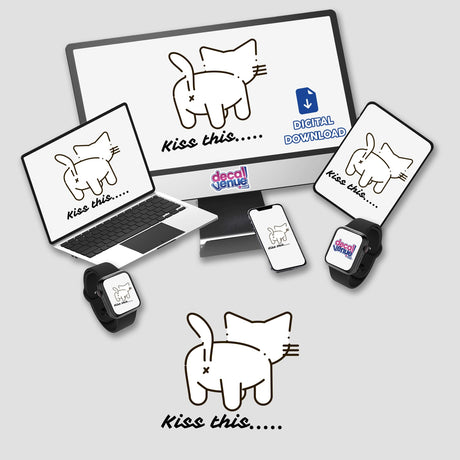 Kiss This: Cartoon cat designs on computer and phone screens, available as stickers or digital artwork, showcasing playful illustrations for tech devices.