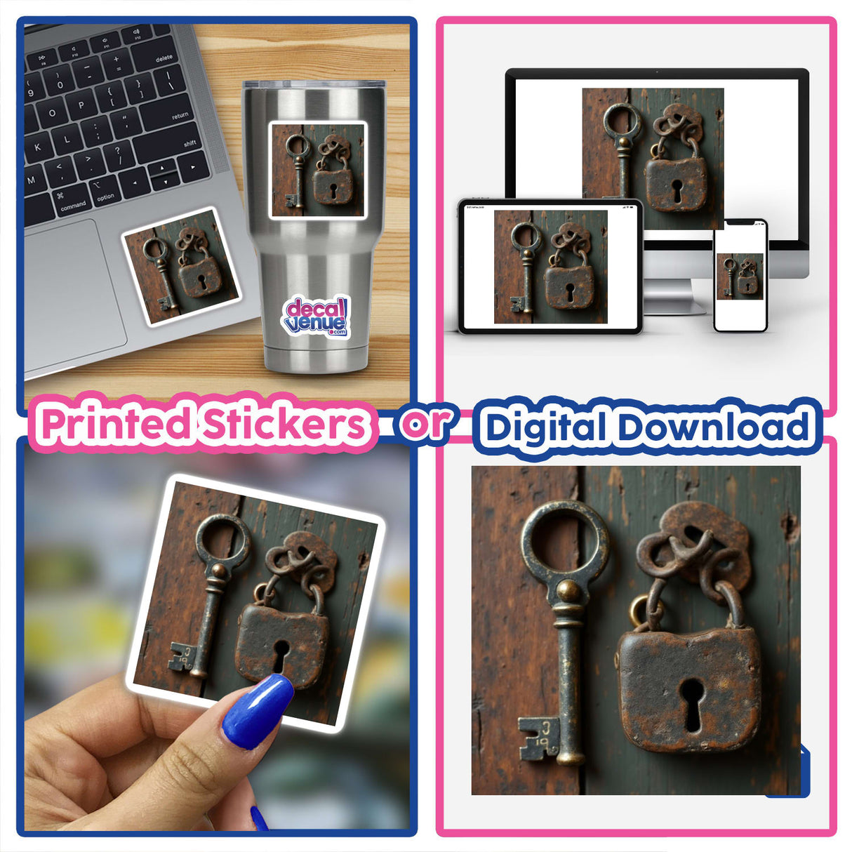 Old Key and Lock Dark Academia Sticker or Clipart with Commercial Rights Download featuring a collage of a laptop, a key, and a lock, perfect for unique digital artwork or stickers.